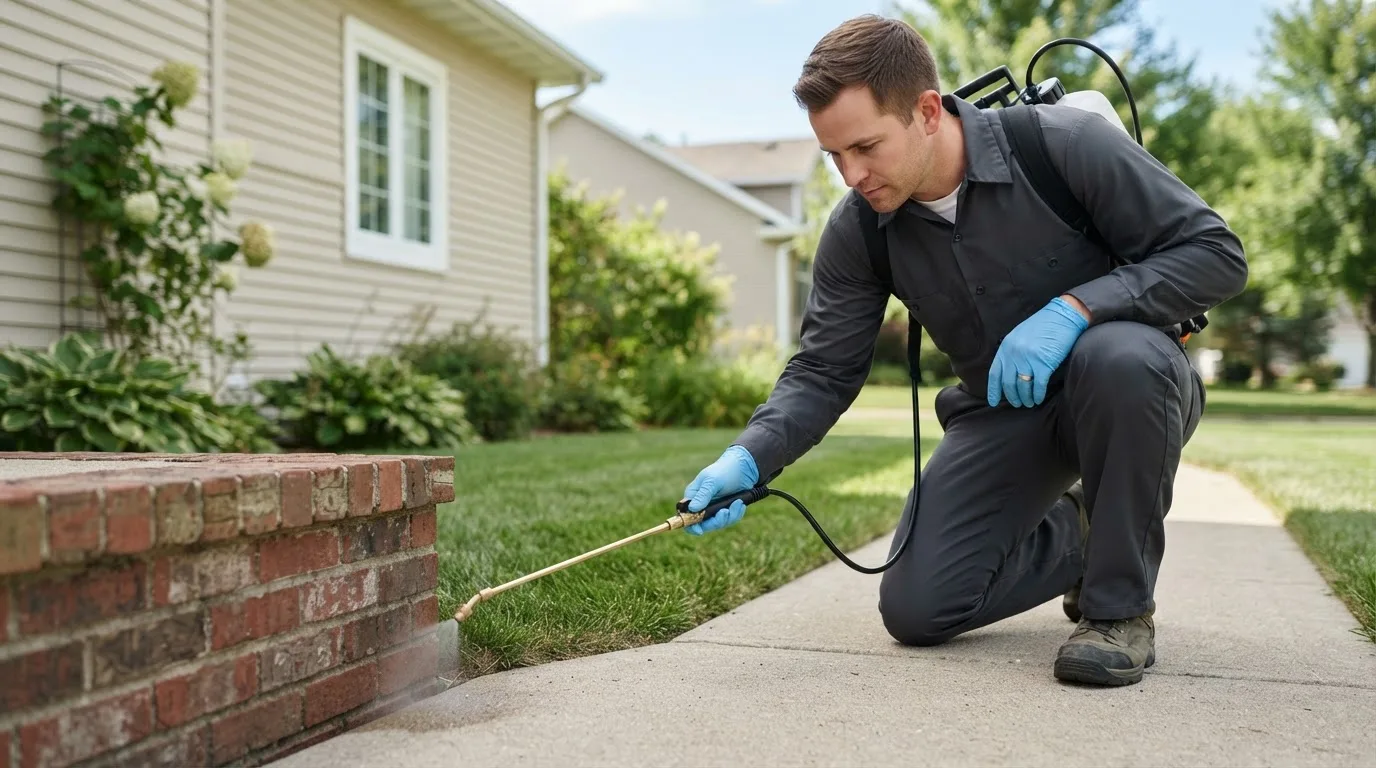Pest control technician treating a home near Adams, OK