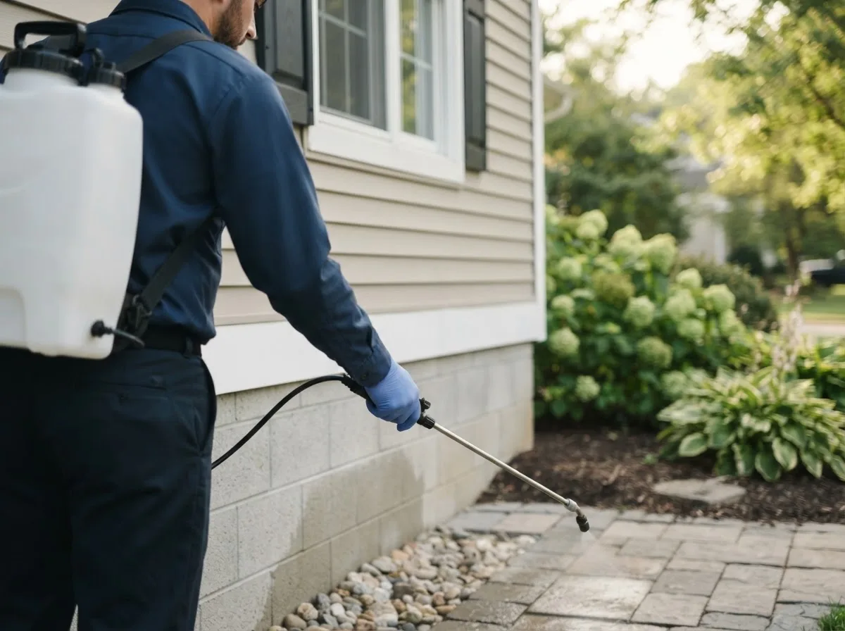 Pest control technician inspecting a home in Adams, OK